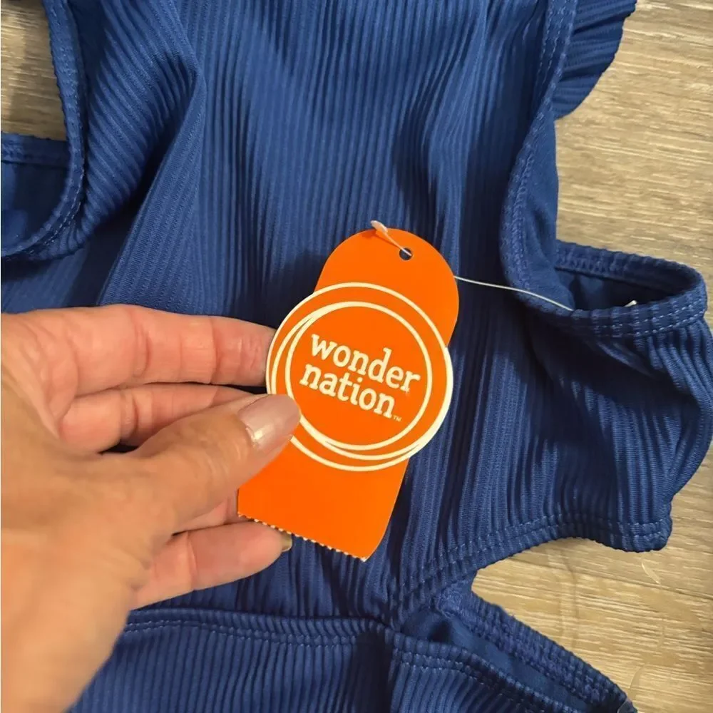 Girls Wonder Nation Blue Ruffled One-Piece Swimsuit Sz M 7/8
